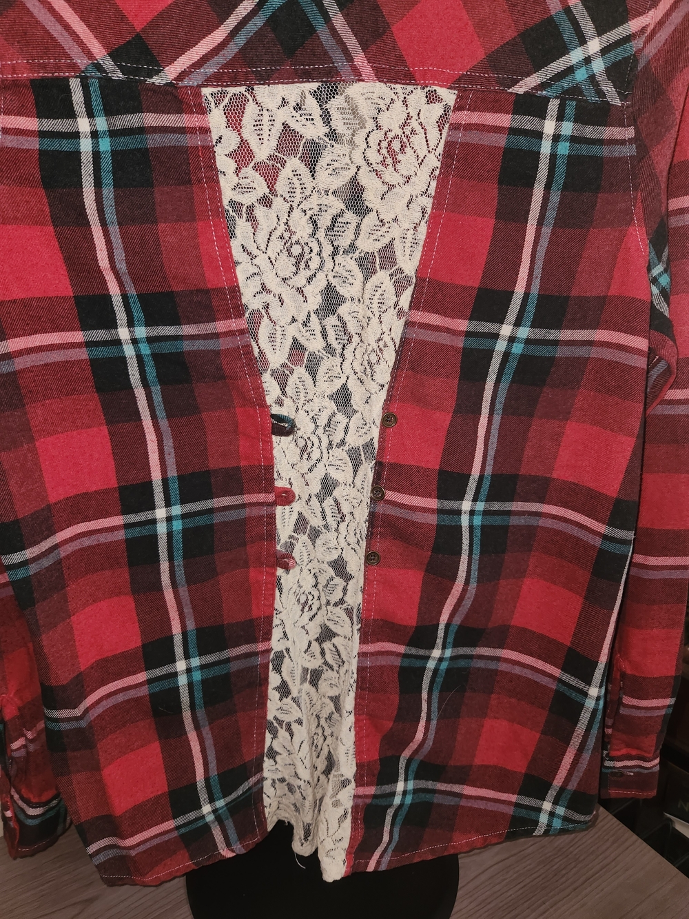 Womens Red Plaid Button-Down Shirt with Teal Accents - Picture 4 of 5